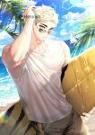  1boy arm_up bangs beach bird blonde_hair blue_sky boat brown_eyes closed_mouth clouds day eyebrows haikyuu!! hand_in_hair hemoon holding holding_surfboard looking_at_viewer male_focus male_swimwear male_underwear miya_atsumu multicolored_hair ocean outdoors palm_tree sailboat sand seagull see-through shirt short_hair sky solo summer sunglasses surf surfboard swim_trunks symbol-only_commentary toned toned_male tree twitter_username two-tone_hair underwear water watercraft wet wet_clothes wet_shirt white_shirt 
