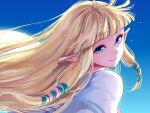  1girl bangs blonde_hair blue_eyes blue_sky blunt_bangs blush capelet closed_mouth floating_hair green_ribbon hair_ribbon long_hair looking_at_viewer outdoors pink_ribbon pointy_ears princess_zelda ribbon sidelocks sky smile solo tak_(karasuki) the_legend_of_zelda the_legend_of_zelda:_skyward_sword twitter_username upper_body white_capelet 