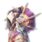  1girl bangs black_hair from_side granblue_fantasy hair_ornament hair_over_one_eye highres hood hood_up ichi_natsu lich_(granblue_fantasy) long_hair looking_up parted_lips profile shadow solo violet_eyes white_background 