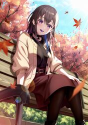  1girl absurdres autumn autumn_leaves belt belt_buckle bench black_belt black_choker black_hair black_legwear black_shirt blue_hair blush buckle candy cardigan choker falling_leaves food highres ichinose_uruha iris_black_games leaf lollipop long_skirt long_sleeves looking_at_viewer looking_down lupinus_virtual_games maple_leaf multicolored_hair on_bench open_cardigan open_clothes pantyhose red_skirt shakkiyi shirt sitting skirt solo streaked_hair violet_eyes virtual_youtuber vspo! white_cardigan 