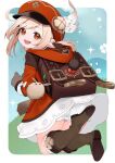  1girl :d ahoge backpack bag bag_charm bangs belt bloomers boots brown_footwear brown_gloves brown_scarf cabbie_hat charm_(object) clover_print coat commentary dodoco_(genshin_impact) e_draw_paint eyebrows_visible_through_hair from_behind genshin_impact gloves hair_between_eyes hat hat_feather hat_ornament head_tilt hooded_coat jumping klee_(genshin_impact) knee_boots kneehighs light_brown_hair long_hair long_sleeves looking_at_viewer looking_back low_twintails open_mouth pocket pointy_ears randoseru red_coat red_eyes red_headwear scarf sidelocks simple_background slime_(genshin_impact) smile twintails two-tone_background underwear vision_(genshin_impact) 