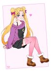  1girl artist_name bishoujo_senshi_sailor_moon black_skirt blonde_hair blue_eyes blush boots bow brown_footwear double_bun eyebrows_visible_through_hair fur_boots grin hair_bow hair_intakes heart invisible_chair long_hair long_sleeves looking_at_viewer luna_(sailor_moon) miniskirt off-shoulder_sweater off_shoulder pink_legwear pleated_skirt print_sweater purple_bow purple_sweater sitting skirt sleeves_past_wrists smile solo sweater tabby_chan thigh-highs tsukino_usagi very_long_hair white_background zettai_ryouiki 