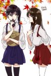  2girls akagi_(kancolle) autumn_leaves bag black_legwear blue_hakama brown_eyes brown_hair closed_eyes commentary_request food hakama hakama_short_skirt hakama_skirt japanese_clothes kaga_(kancolle) kantai_collection long_hair multiple_girls paper_bag red_hakama side_ponytail skirt smile sweet_potato takamachiya tasuki thigh-highs twitter_username white_background white_legwear 