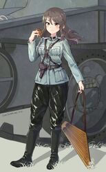  1girl alternate_costume belt black_footwear black_pants boots breast_pocket brown_belt brown_eyes brown_hair full_body girls_und_panzer green_jacket highres himeyamato holster instrument jacket kantele leather leather_pants long_hair long_sleeves mika_(girls_und_panzer) military military_jacket military_uniform pants pocket solo standing uniform 