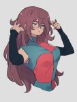  1girl android_21 blue_eyes breasts brown_hair checkered checkered_dress dragon_ball dragon_ball_fighterz dress glasses grey_background hands_up kemachiku long_hair looking_away medium_breasts simple_background solo upper_body 