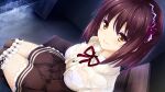  1girl bangs bench black_legwear brown_hair brown_skirt closed_mouth collared_shirt dress_shirt eyebrows_visible_through_hair from_above game_cg hair_between_eyes hair_ribbon highres konoe_rikka long_hair miniskirt naruse_hirofumi neck_ribbon official_art ojou-sama_wa_sunao_ni_narenai rain red_ribbon ribbon shiny shiny_hair shiny_skin shirt sitting skirt smile solo thigh-highs underbust wet wet_clothes wet_hair wet_shirt white_shirt wing_collar yellow_eyes zettai_ryouiki 