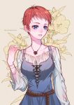  1girl blue_dress blue_eyes breasts collarbone dress flower grey_background jewelry lily_(flower) long_sleeves medium_breasts off-shoulder_shirt off_shoulder original parted_lips pendant pinafore_dress redhead scar shiny shiny_hair shirt short_hair solo standing tabby_chan twitter_username white_shirt 