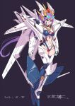  1girl bangs breasts clenched_hands crossed_legs dated eyebrows_visible_through_hair floating floating_hair green_eyes grey_background gundam gundam_hathaway&#039;s_flash highres long_hair looking_at_viewer looking_to_the_side mecha_musume medium_breasts michi_kuso personification ponytail purple_hair solo v-fin xi_gundam 