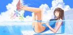  1girl absurdres afloat ball beachball black_hair blue_sky blue_swimsuit brown_eyes closed_mouth clouds day from_side highres legs_up one-piece_swimsuit original outdoors partially_submerged partially_underwater_shot pink_footwear reclining shiratama_(monster1553) shoes short_ponytail sky solo swimsuit thigh_strap wet 