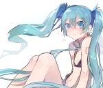  1girl bangs bare_shoulders bikini black_bikini blue_eyes blue_hair blush closed_mouth collared_shirt eyebrows_visible_through_hair flat_chest from_side grey_shirt hatsune_miku highres knees_up long_hair looking_back looking_to_the_side naruto_maki navel number_tattoo open_clothes open_shirt shirt shoulder_tattoo simple_background sitting sleeveless sleeveless_shirt solo swimsuit tattoo twintails very_long_hair vocaloid white_background 