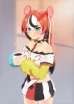  1girl absurdres alternate_hairstyle animal_ears black_hair black_shorts black_skirt blue_eyes breasts cheese choker coffee coffee_cup cup disposable_cup food hakos_baelz highres hololive hololive_english key medium_breasts mouse_ears mouse_girl mouse_tail multicolored_hair rappyfx red_skirt redhead shirt shorts skirt spiked_choker spikes streaked_hair tail virtual_youtuber white_hair white_shirt white_skirt 