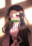  1girl bit_gag black_hair brown_hair gag gradient_hair hair_ribbon haori japanese_clothes kamado_nezuko kimetsu_no_yaiba kimono long_hair looking_at_viewer multicolored_hair obi pink_eyes pink_kimono pink_ribbon print_kimono ribbon sash solo tabby_chan twitter_username very_long_hair 