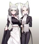  1girl 2girls absurdres animal_ears apron arknights bangs beudelb black_dress black_gloves black_jacket black_pants blunt_bangs blush bow breasts bright_pupils butler cat_ears closed_mouth coattails dress dual_persona eyebrows_visible_through_hair forehead frilled_apron frills gloves gradient gradient_background green_eyes grey_background hand_on_own_chest highres jacket kal&#039;tsit_(arknights) long_hair long_sleeves looking_at_viewer maid maid_headdress medium_breasts multiple_girls official_alternate_costume open_clothes open_jacket pants shirt short_hair silver_hair skirt_hold white_apron white_bow white_neckwear white_shirt 