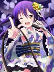  1girl bangs blue_hair detached_sleeves eyebrows_visible_through_hair hair_between_eyes hair_ornament holding holding_microphone japanese_clothes kimono long_hair looking_at_viewer love_live! love_live!_school_idol_project microphone one_eye_closed open_mouth print_kimono short_kimono short_yukata simple_background smile solo sonoda_umi swept_bangs wide_sleeves yellow_eyes yukata 