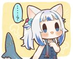  ... 1girl :p ? animal_ears bangs bare_arms black_outline blue_eyes blue_hair blunt_bangs blush_stickers cat_ears chibi commentary_request dated_commentary fish_tail gawr_gura hair_cubes hair_ornament hololive hololive_english multicolored_hair official_alternate_costume outline same_anko shark_tail side_ponytail simple_background solo speech_bubble spoken_ellipsis spoken_question_mark tail tongue tongue_out two-tone_hair virtual_youtuber white_hair yellow_background 