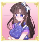  1girl bangs blue_eyes blue_kimono breast_rest breasts brown_hair closed_mouth crossed_arms eyebrows_visible_through_hair framed hairband japanese_clothes kimono kuonji_ukyou long_hair print_kimono ranma_1/2 shiny shiny_hair smile solo tabby_chan upper_body white_hairband 