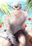  1boy beach closed_mouth day eyebrows flower grey_hair haikyuu!! hemoon jacket jacket_partially_removed kita_shinsuke looking_at_viewer male_focus male_swimwear multicolored_hair ocean outdoors palm_tree sand see-through shirt short_hair sitting solo summer swim_trunks symbol-only_commentary tree twitter_username two-tone_hair water wet wet_clothes wet_shirt white_shirt yellow_eyes 
