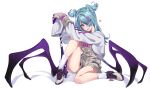  1girl :p aqua_eyes beige_gloves blue_hair blush club_(weapon) dragon_girl elira_pendora gloves hair_ornament hair_over_one_eye hakkaku_shikimi heart highres knee_up long_sleeves looking_at_viewer low_twintails nijisanji nijisanji_en overall_shorts overalls shirt simple_background sitting socks solo striped striped_shirt tongue tongue_out twintails two-tone_footwear virtual_youtuber weapon white_background white_legwear white_shirt wide_sleeves wings 