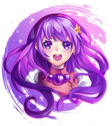  1girl :d character_request earrings floating_hair hair_ornament hairband jewelry long_hair looking_at_viewer open_mouth portrait purple_hair purple_hairband shiny shiny_hair signature smile solo star_(symbol) star_hair_ornament tabby_chan very_long_hair violet_eyes watermark 