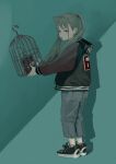  1girl birdcage black_footwear blue_background cage drop_shadow feiqizi_(fkey) fkey from_behind full_body grey_hair grey_pants holding jacket long_sleeves looking_at_viewer looking_back original pants parted_lips shoes solo tnt twintails 