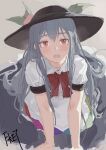  1girl black_headwear blush bow bowtie fkey grey_background grey_skirt hat hinanawi_tenshi looking_at_viewer open_mouth puffy_short_sleeves puffy_sleeves red_bow red_eyes red_neckwear shirt short_sleeves signature sketch skirt solo touhou white_shirt 