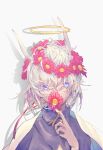  1boy blue_eyes cape flower grey_background halo highres looking_at_viewer mimizuku_(sky:_children_of_the_light) pink_flower shadow sky:_children_of_the_light solo user_zwuf7483 white_background white_cape white_hair wreath 