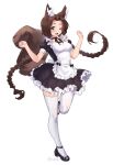  1girl ;d animal_ear_fluff animal_ears black_footwear black_ribbon braid breasts brown_hair commentary english_commentary fang frills full_body gift_art hair_intakes highres iwbitu long_hair long_sleeves looking_at_viewer maid medium_breasts neck_ribbon one_eye_closed open_mouth original puffy_long_sleeves puffy_sleeves ribbon shoes simple_background smile solo standing standing_on_one_leg tail thigh-highs twin_braids very_long_hair white_background white_legwear 