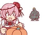  1girl ass bangs black_bow bow broly_culo_(meme) clothing_cutout crown eyebrows_visible_through_hair flower hair_flower hair_ornament hamster holding holding_knife king_(rosemi_lovelock) knife meme mrpoppit nijisanji nijisanji_en open_mouth pink_eyes plant pumpkin red_flower red_rose rose rosemi_lovelock short_sidetail shoulder_cutout smile thorns vines virtual_youtuber white_background 