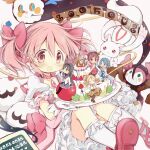  :o akemi_homura blush bubble_skirt cake charlotte_(madoka_magica) food hair_ribbon highres hitode holding holding_cake holding_food holding_plate hugging_own_legs kaname_madoka kyubey madoka_runes magia_record:_mahou_shoujo_madoka_magica_gaiden magical_girl mahou_shoujo_madoka_magica miki_sayaka multiple_girls open_mouth pink_hair plate red_ribbon ribbon sakura_kyouko short_twintails sitting skirt small_kyubey smile soul_gem tomoe_mami touching twintails yellow_ribbon 