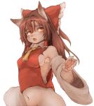  1girl animal_ears armpit_peek blush bow breasts brown_eyes brown_hair dog_ears furry furry_female hair_bow hair_tubes hakurei_reimu hawthorn japanese_clothes long_hair miko navel neckerchief no_bra open_mouth shiny shiny_hair sideboob simple_background small_breasts solo touhou upper_body white_background yellow_neckwear 