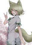  1girl animal_ear_fluff animal_ears bangs blonde_hair eyebrows_visible_through_hair fe_(tetsu) finger_touching fox_ears fox_tail from_behind hair_between_eyes highres kudamaki_tsukasa looking_at_viewer looking_back romper short_hair short_sleeves solo standing tail tongue tongue_out touhou white_background yellow_eyes 