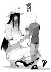  1boy 1girl black_hair blush bottle breasts chomoran commentary_request dress flower giving gloves greyscale hasshaku-sama hat hat_flower height_difference high_heels highres holding holding_bottle huge_breasts long_hair monochrome original sandals short_sleeves squatting sun_hat translation_request urban_legend water_bottle white_background white_dress white_gloves 