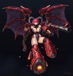  1girl aiming_at_viewer arm_cannon black_background breasts cannon chain character_request covered_navel fingernails full_body grin hair_between_eyes hand_up highres horns large_breasts last_origin leotard looking_at_viewer mechanical_boots mechanical_horns mechanical_wings nail_polish red_eyes red_nails sharp_fingernails signature simple_background smile solo spread_wings weapon wings wonchun 