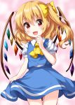  1girl :d ascot bangs blonde_hair blue_skirt blue_vest blush bow commentary_request cosplay cowboy_shot crystal daiyousei daiyousei_(cosplay) eyebrows_visible_through_hair flandre_scarlet flat_chest hair_between_eyes hair_bow hand_on_own_chin hand_up highres looking_at_viewer no_hat no_headwear one-hour_drawing_challenge one_side_up open_mouth pink_background puffy_short_sleeves puffy_sleeves red_eyes ruu_(tksymkw) short_hair short_sleeves simple_background skirt skirt_hold smile solo touhou vest wings yellow_bow yellow_neckwear 