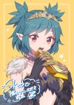  1girl black_feathers black_wings botamochi_(exwelder) breasts claws collar commentary_request commission gold_bar green_hair harpy monster_girl open_mouth original pointy_ears red_eyes short_hair short_twintails skeb_commission small_breasts solo tiara twintails under_boob winged_arms wings yellow_background 