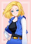  1girl android_18 belt black_shirt blonde_hair blue_eyes blue_jacket blue_skirt blush breasts brown_belt collarbone dragon_ball dragon_ball_z earrings floating_hair grin hand_on_hip jacket jewelry long_hair long_sleeves looking_at_viewer makeup mascara medium_breasts open_clothes open_jacket shirt skirt sleeveless sleeveless_jacket smile solo standing striped_sleeves tabby_chan white_sleeves 