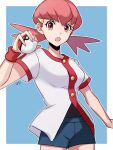  1girl :o bangs black_shirt border breasts buttons eyelashes hair_ornament hairclip highres holding holding_poke_ball jacket long_hair looking_at_viewer open_mouth pink_hair poke_ball poke_ball_(basic) pokemon pokemon_(game) pokemon_hgss red_eyes shirt short_sleeves shorts solo twintails white_border white_jacket whitney_(pokemon) wristband yori_(ito_haruki) 