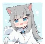  1girl :3 :d animal_ears bangs blue_eyes blunt_bangs blush_stickers cat_ears cat_girl cat_tail chibi collared_shirt commentary dress_shirt english_commentary grey_hair hair_ornament hairclip indie_virtual_youtuber kukie-nyan long_hair nacho_(amashiro_natsuki) open_mouth original oversized_clothes oversized_shirt paw_print shirt sleeves_past_fingers sleeves_past_wrists smile solo tail twitter_username upper_body virtual_youtuber white_shirt 