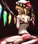  1girl ass back bare_arms bare_legs bare_shoulders blonde_hair blurry bow bra crystal depth_of_field flandre_scarlet from_behind full_body hat hat_ribbon highres looking_at_viewer looking_back medium_hair mob_cap panties red_bow red_eyes red_panties red_ribbon ribbon sitting solo strap_slip tama_(seiga46239239) touhou underwear underwear_only wariza white_legwear wings 