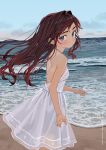  1girl bare_arms bare_shoulders beach blue_eyes blue_sky blush breasts brown_hair closed_mouth clouds day dress elisia_valfelto from_side hair_intakes highres horizon long_hair looking_at_viewer looking_to_the_side luicent ocean original outdoors sky sleeveless sleeveless_dress small_breasts solo very_long_hair water white_dress 