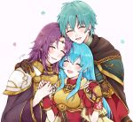  1girl 2boys :d ^_^ aqua_hair armor blue_hair blush breastplate brown_cape brown_gloves cape circlet closed_eyes eirika_(fire_emblem) ephraim_(fire_emblem) fingerless_gloves fire_emblem fire_emblem:_the_sacred_stones friends gloves hand_on_hand highres holding_hands long_hair lyon_(fire_emblem) misato_hao multiple_boys open_mouth purple_hair red_gloves red_shirt shiny shiny_hair shirt short_sleeves shoulder_armor signature smile upper_body white_background 