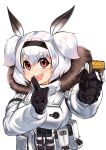  1girl alvis_(last_origin) bangs blush breasts candy chocolate chocolate_bar coat eyebrows eyebrows_visible_through_hair food gloves hairband hwupang large_breasts last_origin open_mouth oppai_loli red_eyes silver_hair simple_background smile solo two_side_up white_background 