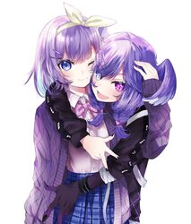  2girls bangs black_sweater blue_eyes blue_hair blue_skirt braid cardigan collared_shirt colored_inner_hair fang hair_ribbon head_wings heterochromia highres hug hug_from_behind looking_at_viewer medium_hair multicolored_hair multiple_girls nijisanji nijisanji_en nijisanji_kr nun_bora okota_nijiso05 one_eye_closed open_mouth pink_shirt plaid plaid_skirt purple_cardigan purple_hair ribbon selen_tatsuki shirt skin_fang skirt smile sweater twin_braids violet_eyes virtual_youtuber white_background yellow_ribbon 