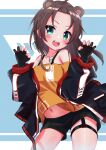 1girl :d absurdres animal_ears bangs bear_ears black_gloves black_shorts blue_background blue_jacket blush brown_hair claw_pose cowboy_shot dog_tags extra_ears forehead gloves green_eyes highres hololive jacket long_hair long_sleeves looking_at_viewer natsuiro_matsuri navel off-shoulder_shirt off_shoulder ontake2009 open_clothes open_jacket open_mouth orange_shirt parted_bangs partially_fingerless_gloves shirt short_shorts shorts smile solo thigh_strap upper_teeth v-shaped_eyebrows virtual_youtuber 