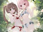  2girls :&lt; absurdres amafuyu bangs bare_arms bare_shoulders bikini blue_bikini blue_bow blurry blurry_background bow bow_bikini brown_hair closed_mouth commentary_request depth_of_field eyebrows_visible_through_hair flower frilled_bikini frills green_eyes hair_between_eyes highres long_hair multiple_girls novel_illustration official_art original pink_hair red_bow red_eyes swimsuit twintails very_long_hair white_bikini white_flower 