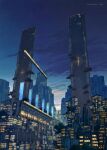  2021 artist_name building city city_lights cityscape clouds dusk flying_train highres k_kanehira lights night no_humans original scenery science_fiction sky skyscraper tree urban 