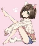  1girl animal_ears bangs barefoot blouse blue_shorts brown_hair brown_jacket cat_ears cat_tail closed_mouth commentary_request eyebrows_visible_through_hair floral_print from_side green_eyes hands_together highres idolmaster idolmaster_cinderella_girls jacket kuroi_mimei leg_up looking_at_viewer maekawa_miku orange_blouse paw_print pink_background print_blouse short_hair short_shorts shorts simple_background sitting smile solo tail 