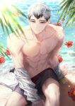  1boy abs bare_pectorals beach closed_mouth day eyebrows flower grey_hair haikyuu!! hemoon jacket jacket_partially_removed kita_shinsuke looking_at_viewer male_focus male_swimwear multicolored_hair navel ocean outdoors palm_tree pectorals sand short_hair sitting smile solo summer swim_trunks symbol-only_commentary toned toned_male tree twitter_username two-tone_hair water wet yellow_eyes 