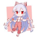  1girl bangs border bow chibi closed_mouth collared_shirt eyebrows_visible_through_hair fire footwear_bow fujiwara_no_mokou full_body grey_hair hair_bow highres juliet_sleeves long_hair long_sleeves looking_at_viewer multiple_bows ofuda ofuda_on_clothes pants puffy_sleeves pyrokinesis red_background red_eyes red_pants shirt simple_background smile solo suspenders touhou toyomagorilla white_border white_shirt 