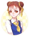  1girl blue_vest brown_hair chun-li closed_mouth collared_shirt double_bun hair_ribbon looking_at_viewer neckerchief orange_eyes ribbon shirt short_hair smile solo street_fighter tabby_chan tied_hair upper_body vest white_background white_shirt wing_collar yellow_neckwear yellow_ribbon 